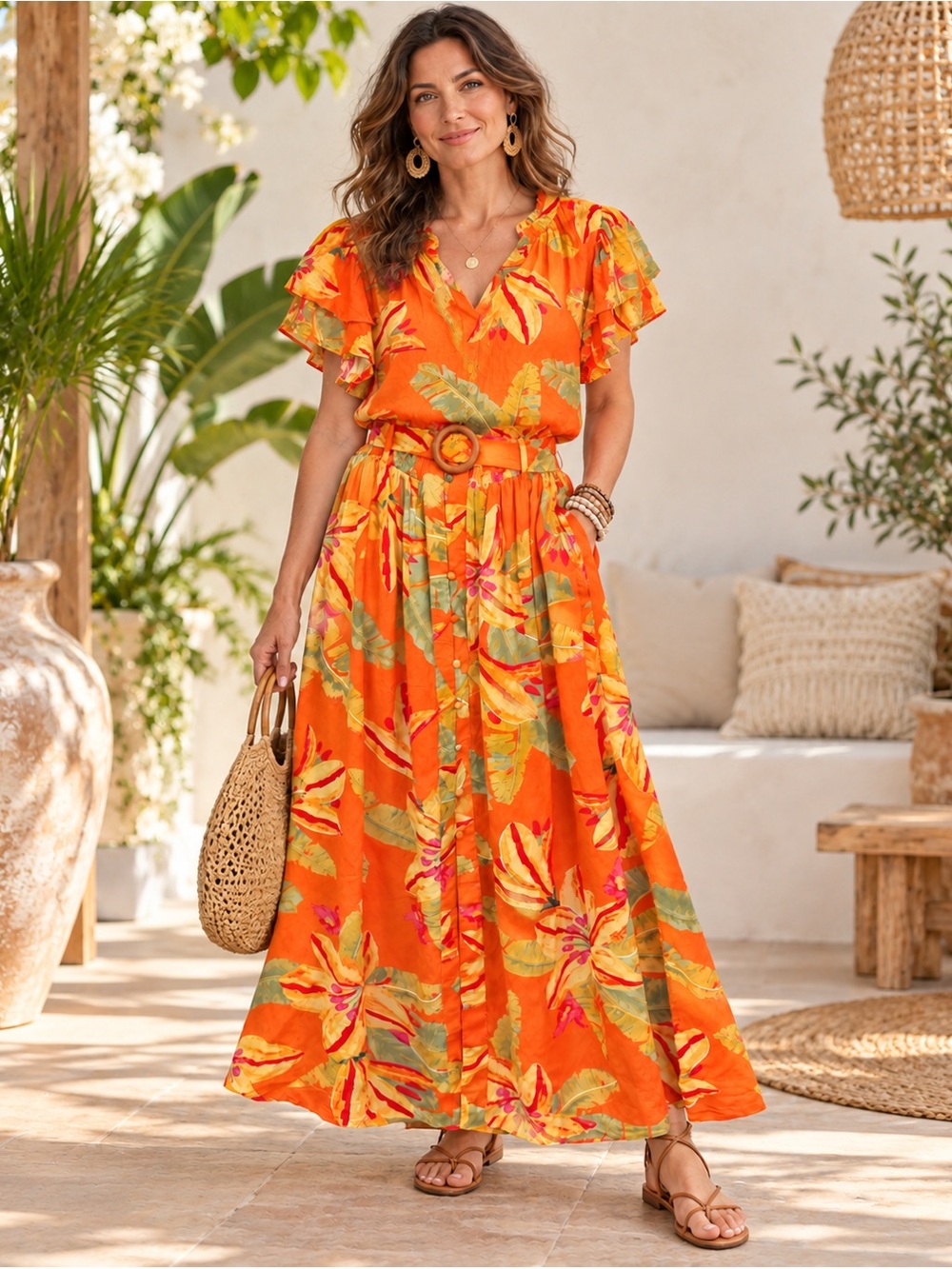 Haute Hippie Orange Tropical Floral Maxi Dress with Belted Waist (size S)